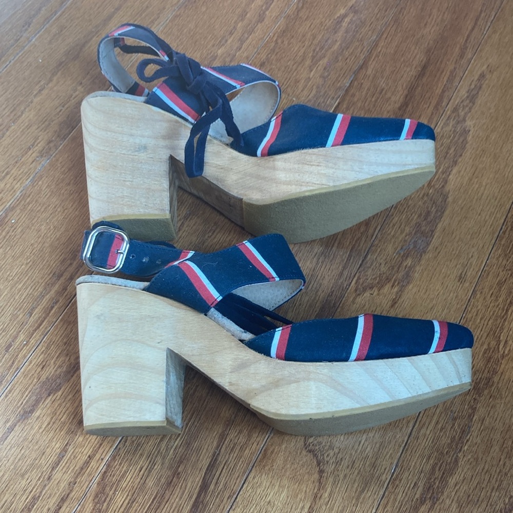 Platform -Free People Monaco Nautical Navy Blue & Red Striped Heeled Clogs
